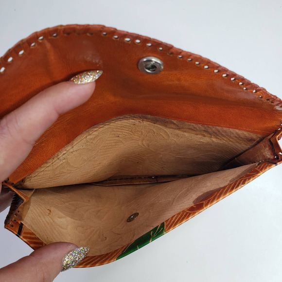 Leather Embossed Tooled Clutch Coin Purse 2pc Set Brown Tan Handmade Boho - Picture 4 of 9